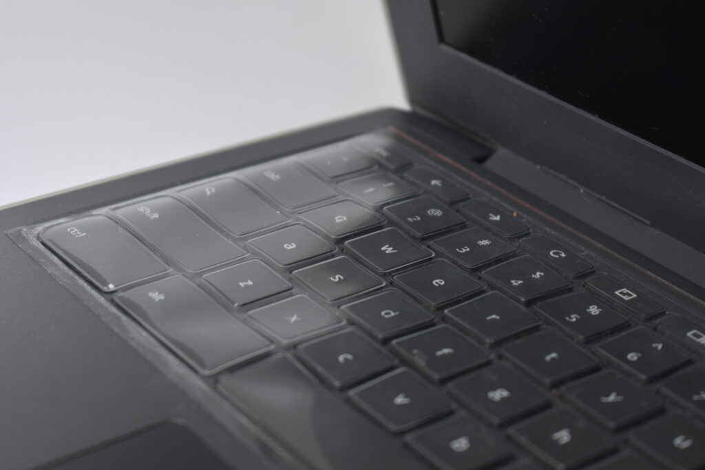 SHows a Chromebook with Keyboard cover installed